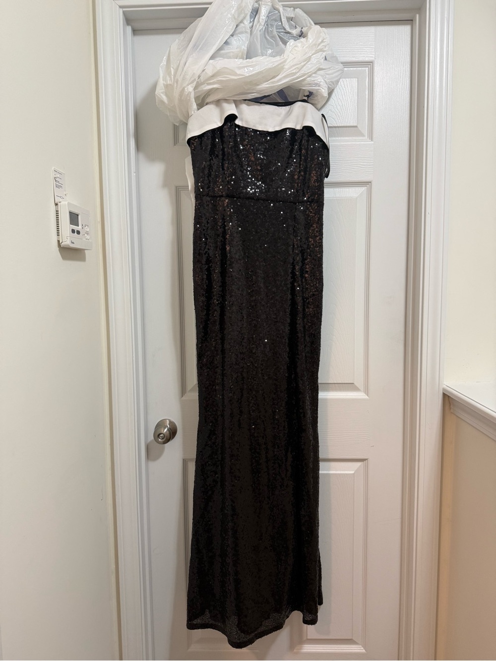 Maison Tara Black Sequin Strapless Maxi Dress with White Trim
